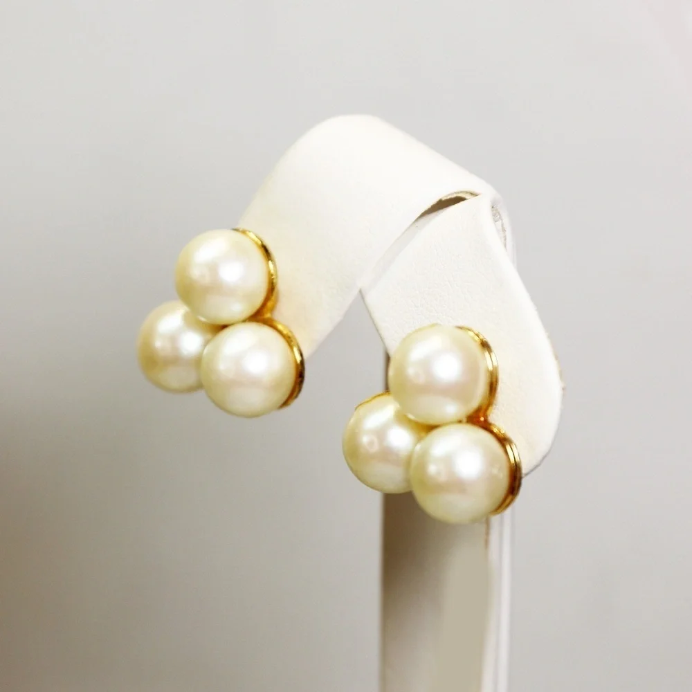 Pearl Earrings ~ Elegant Pierced Vintage Triple 8mm Cream Pearls in Gold Setting